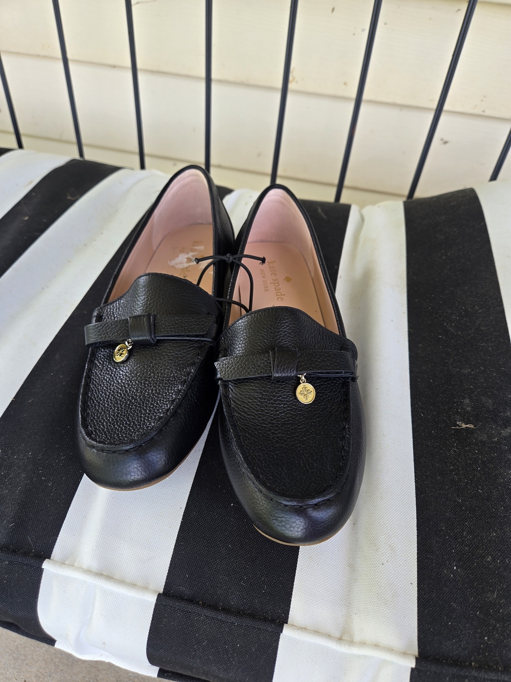 kate spade Black Leather Loafers with Gold Charm